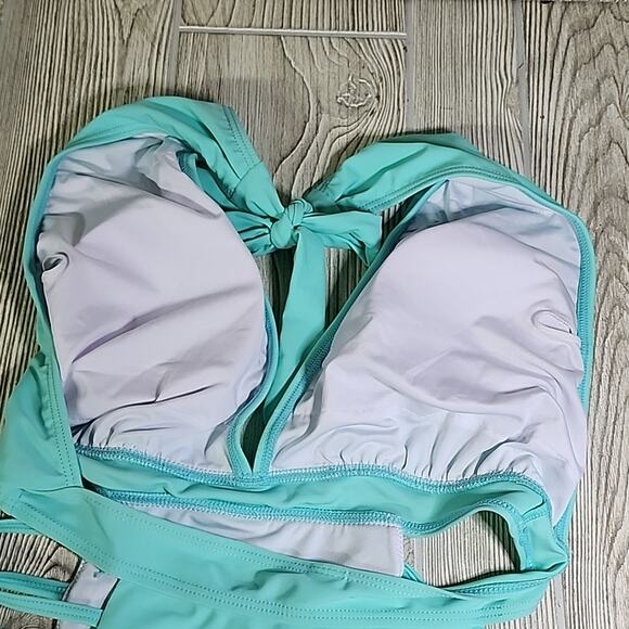 Aqua Eve Blue One Piece Halter Plunge V Neck Swimsuit Womens Size Medium NWT - Picture 10 of 12